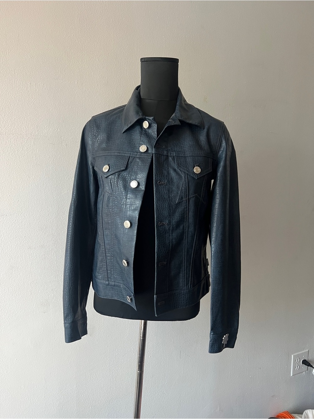 Heaven By Marc Jacobs Faux Croc Leather Embossed Trucker Jacket Navy Blue XS